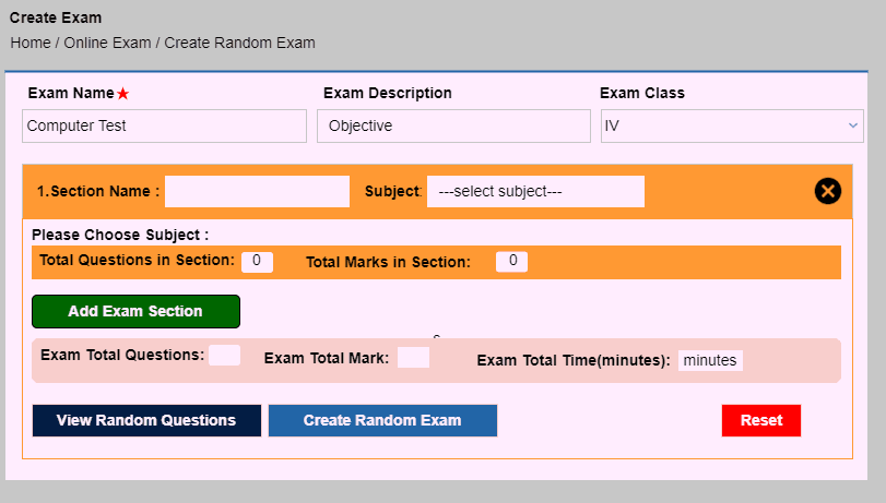 Create Random Exam form with exam sections, subjects and total marks