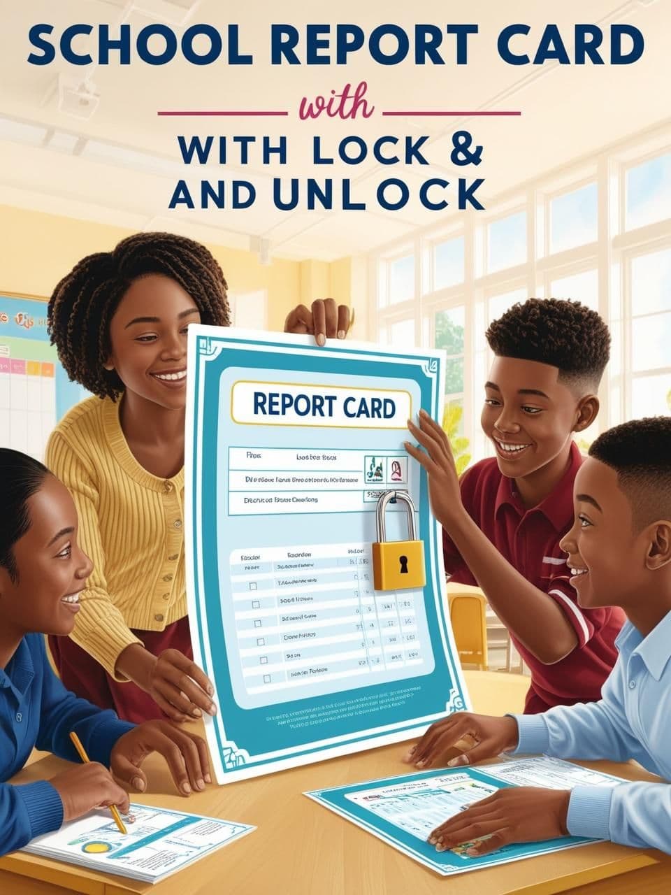 Illustration of students holding a school report card with a padlock