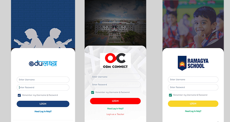 Login screens of three school-branded custom mobile apps