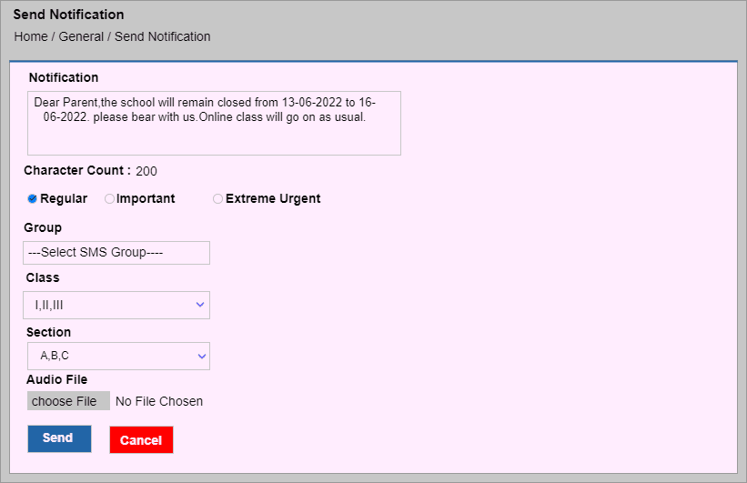 Send Notification form with message text, priority, class and audio file options