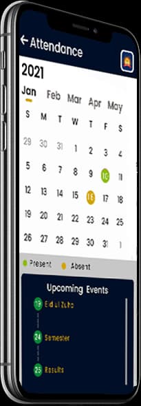 SchoolBellQ Attendance Management App SchoolBellQ mobile application attendance calendar and upcoming events screen