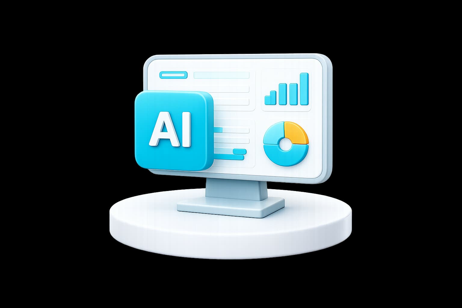 3D analytics dashboard representing online testing with AI and analytics