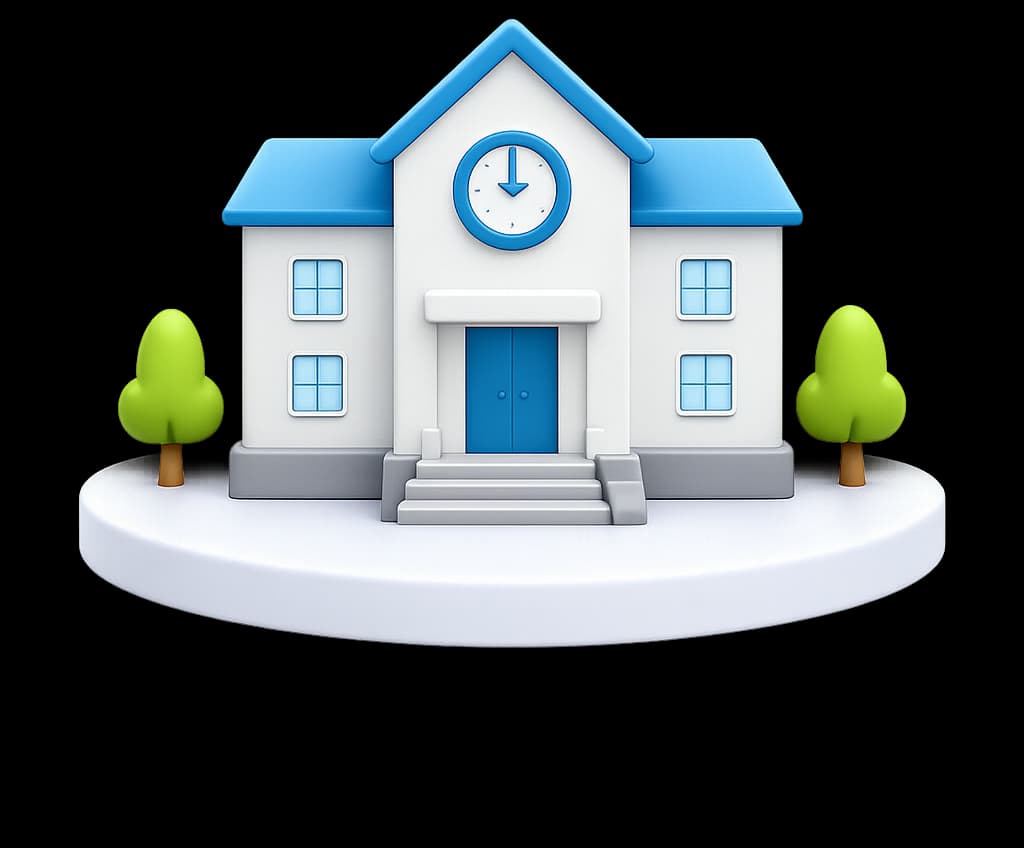 3D school building representing SchoolBellQ school automation software