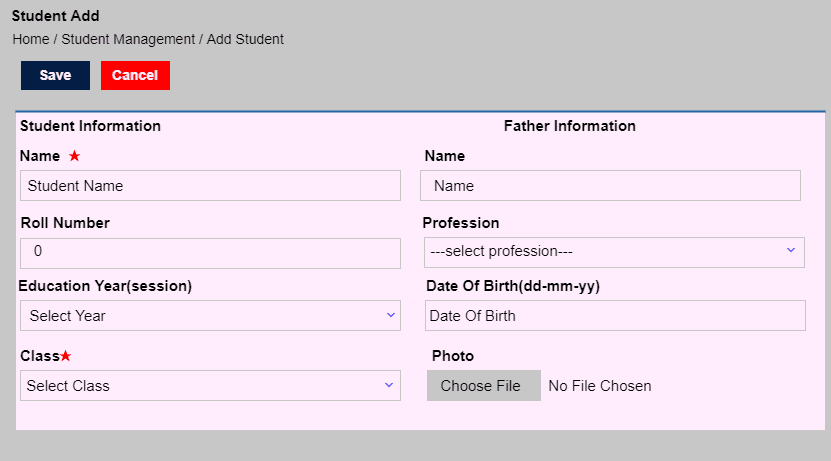 Add Student form with student and father information
