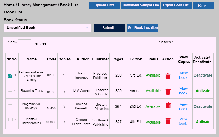 Library Book List table with authors, copies and status