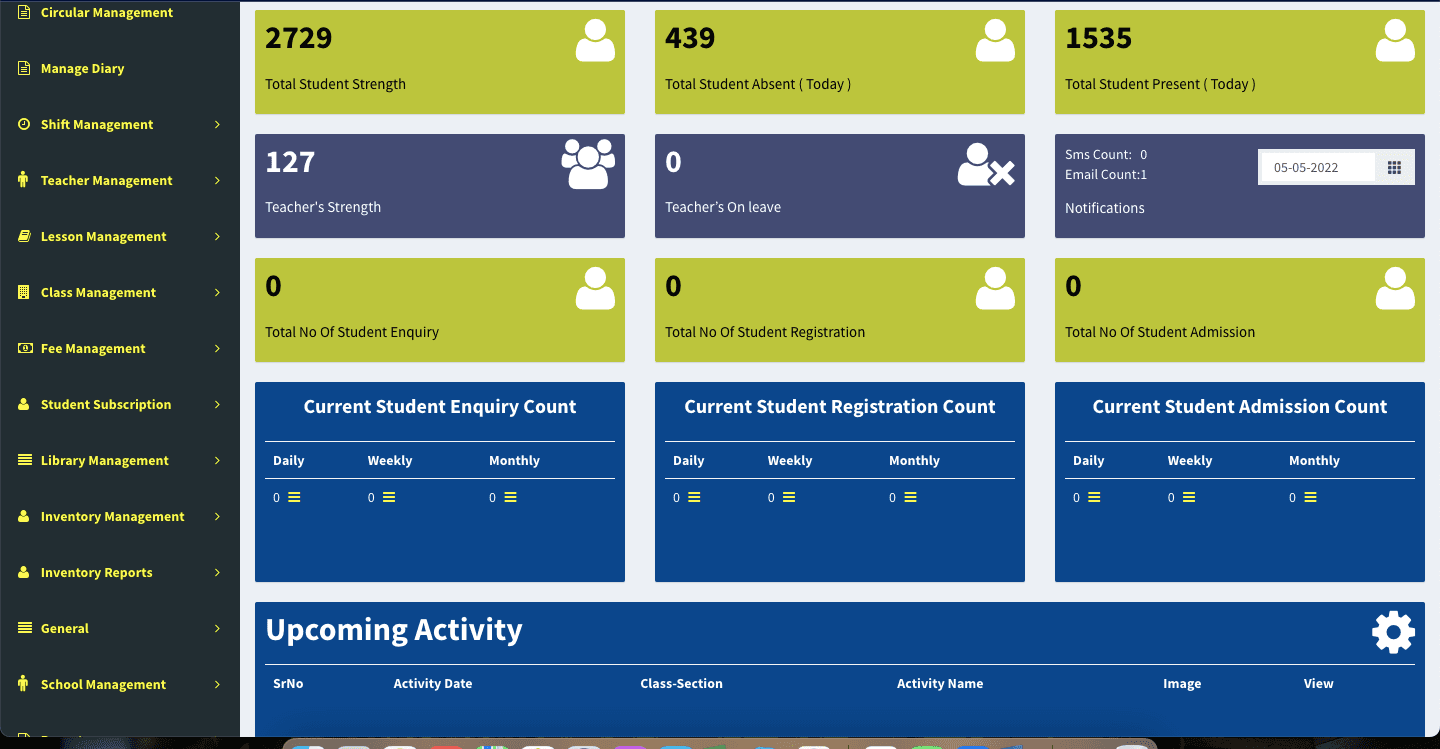 Chairman's dashboard with student, teacher and enquiry counts