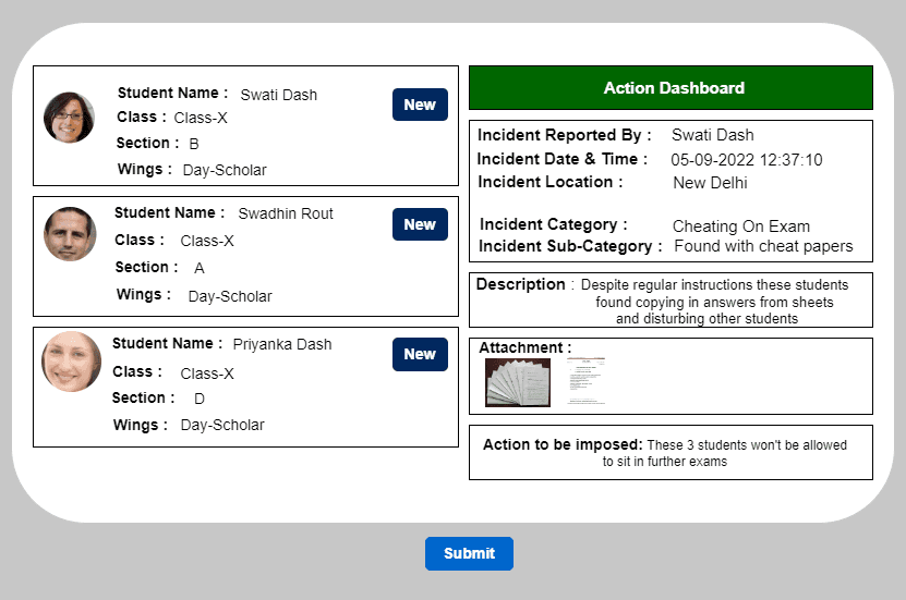 Discipline Action Dashboard listing students and incident details