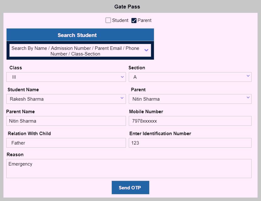 Gate Pass form for a parent collecting a student
