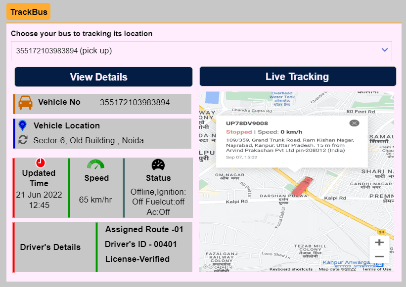 TrackBus screen with vehicle details and live map tracking