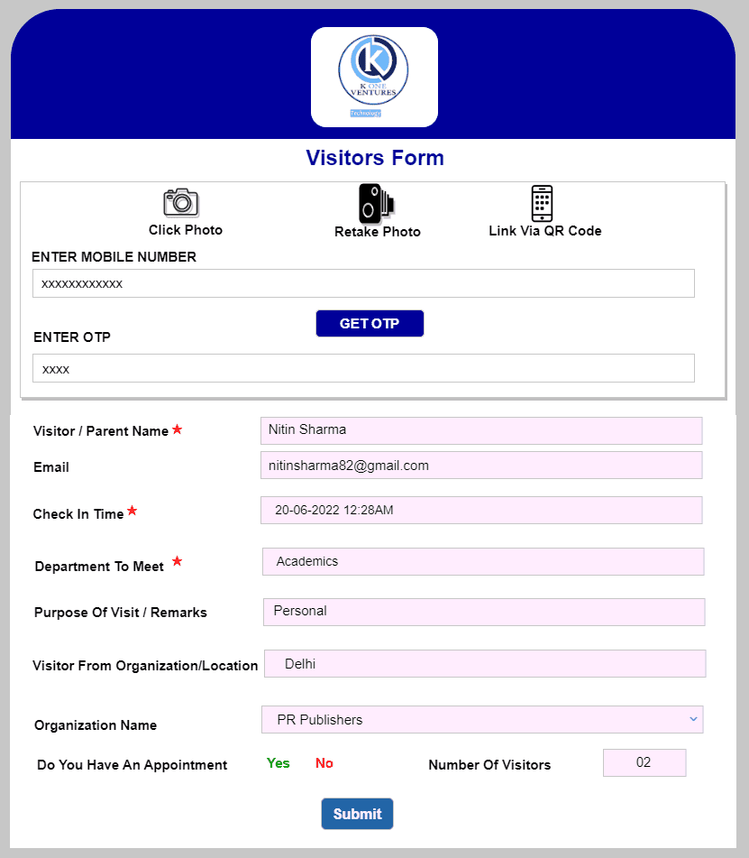 Visitors Form with OTP check-in and visit details